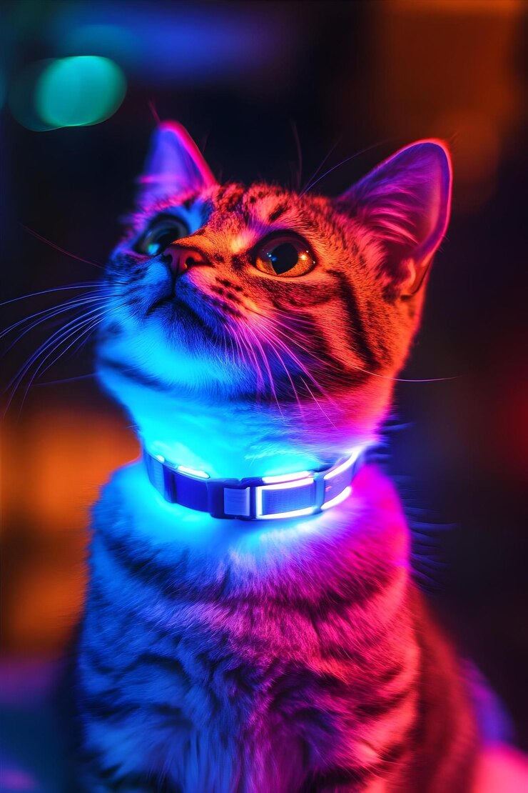 Foto um gato com uma coleira que diz tabby nele