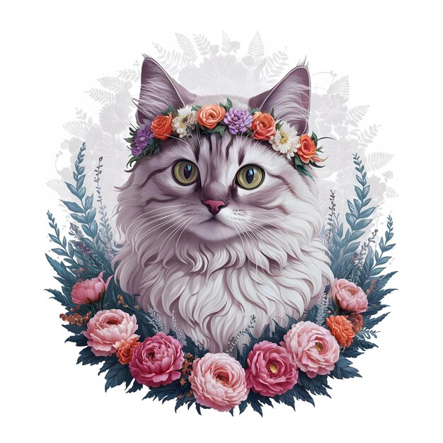 Foto um gato com uma coroa de flores na cabeça é mostrado em uma moldura floral