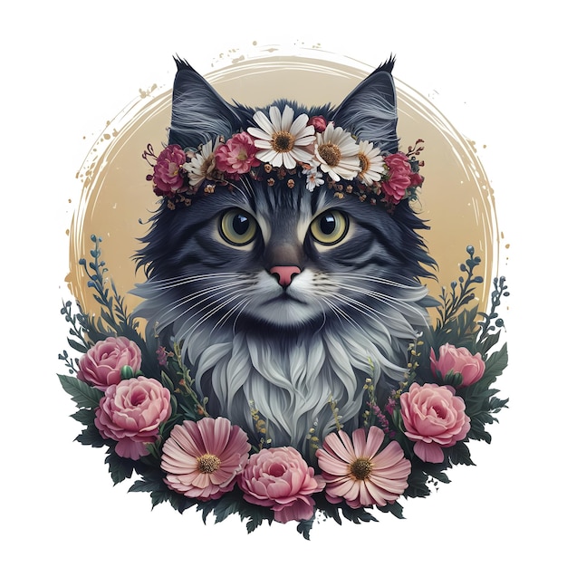 um gato com uma coroa de flores na cabeça é mostrado em uma moldura floral