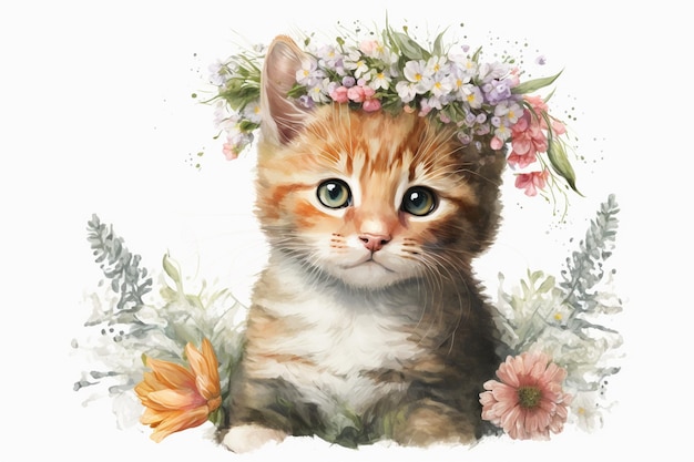 Um gato com uma coroa de flores na cabeça