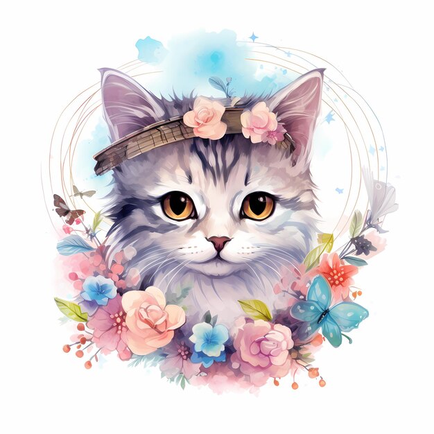 um gato com uma coroa de flores na cabeça