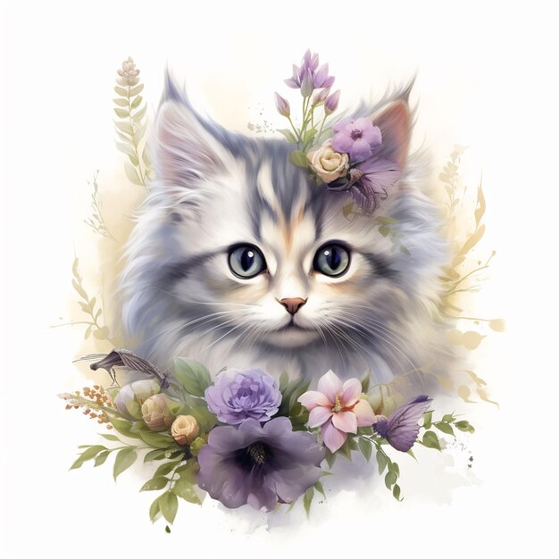 um gato com uma coroa de flores na cabeça