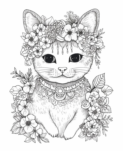 Um gato com uma coroa de flores na cabeça.