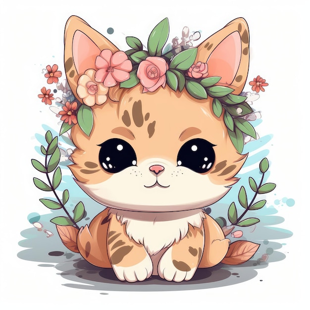 Um gato com uma coroa de flores na cabeça