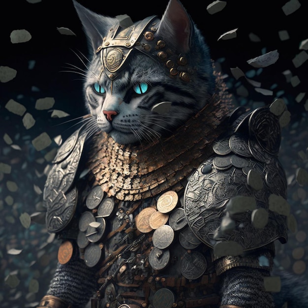 Um gato com uma coroa de ouro e olhos azuis está na frente de um monte de moedas.