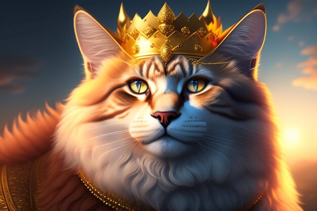 Um gato com uma coroa de ouro na cabeça