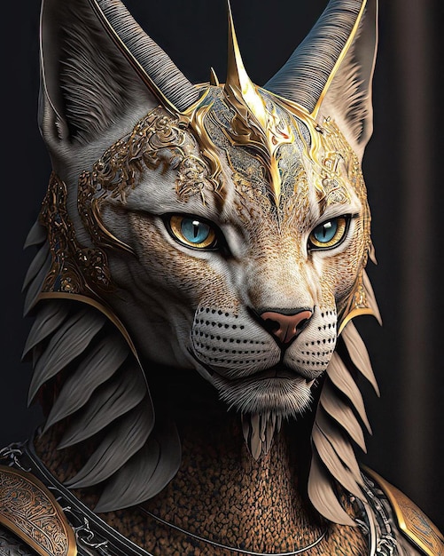 Um gato com uma coroa dourada e olhos dourados.