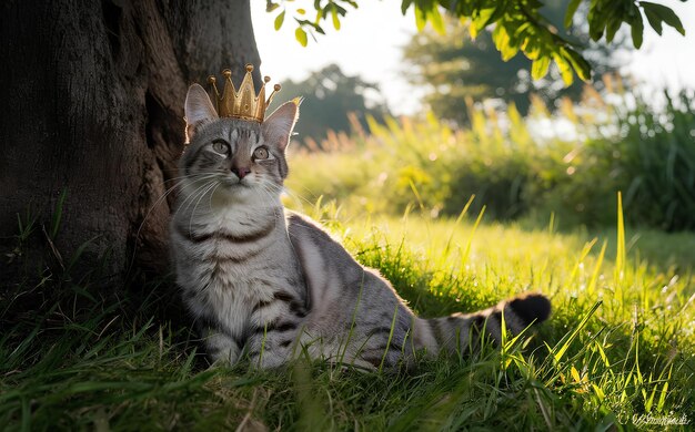 Foto um gato com uma coroa na cabeça senta-se na grama