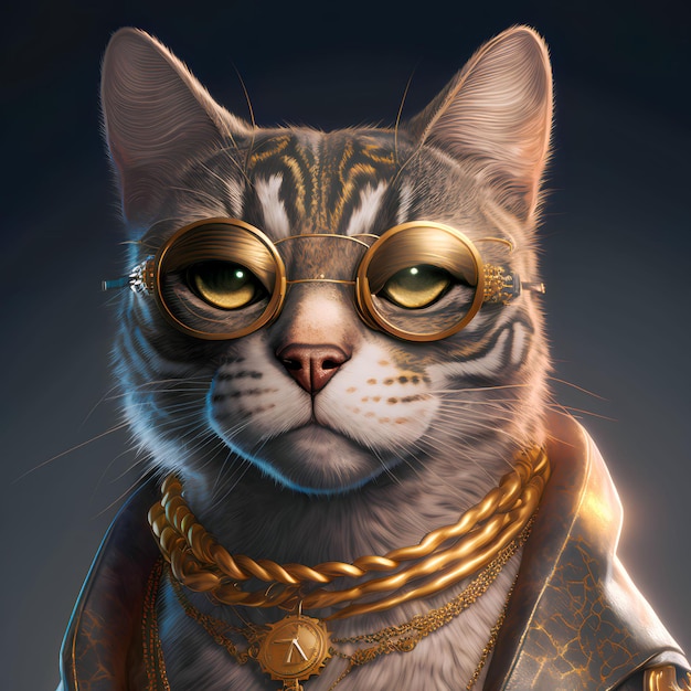 Um gato com uma corrente de ouro no pescoço e uma corrente de ouro no pescoço.