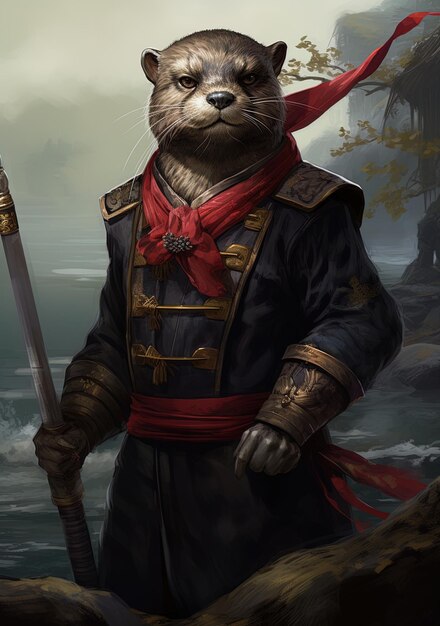 um gato com uma espada e um arco vermelho