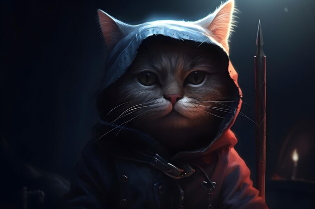 Um gato com uma espada na mão