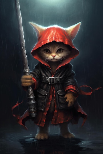 Um gato com uma espada na mão