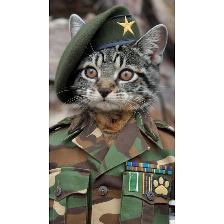 Foto um gato com uma estrela na cabeça é mostrado em um uniforme militar