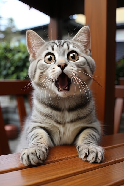 Foto um gato com uma expressão de surpresa no rosto