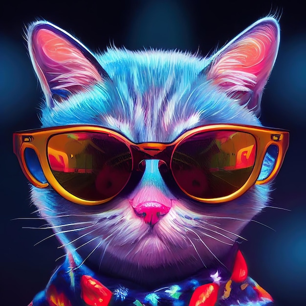 Um gato com uma gravata borboleta e óculos de sol que diz "gato" nele.