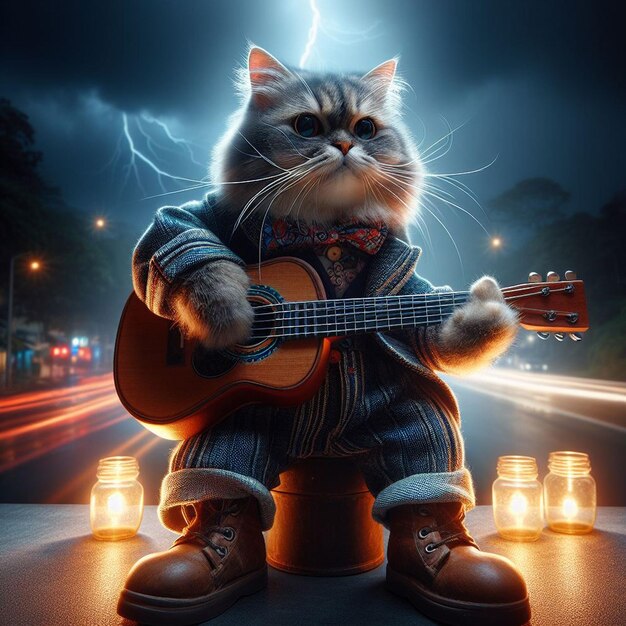 Foto um gato com uma guitarra e uma guitarra no chão