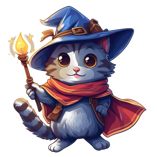 um gato com uma varinha mágica e um fogo