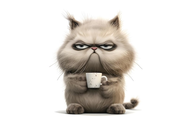 um gato com uma xícara de café em um branco no fundo
