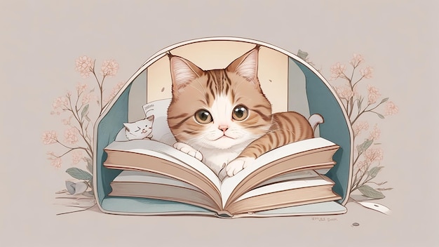 Um gato confortavelmente aninhado em um recanto de leitura, absorto em um pequeno livro