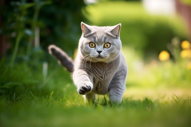 um gato correndo por um campo de grama