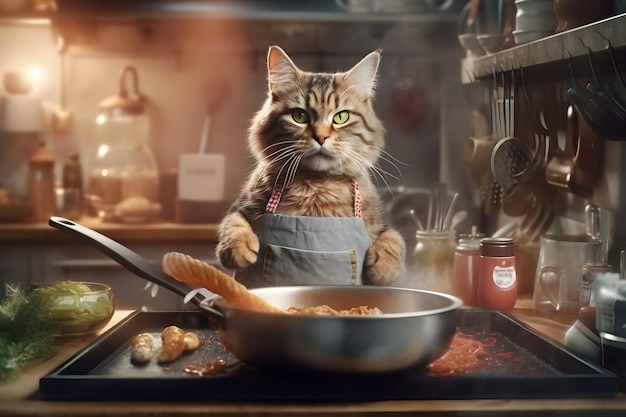 Um gato cozinhando na cozinha