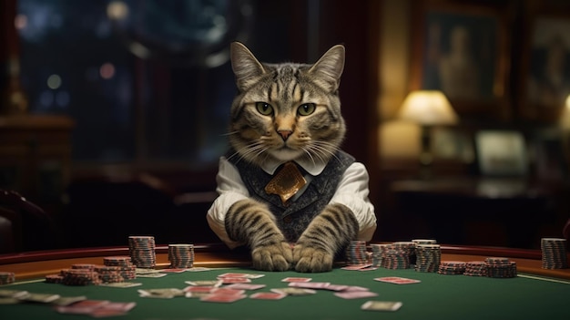 Um gato croupier de retrato em um terno senta-se em uma mesa de jogo em um cassino jogando pôquer por dinheiro lazer gerado por IA