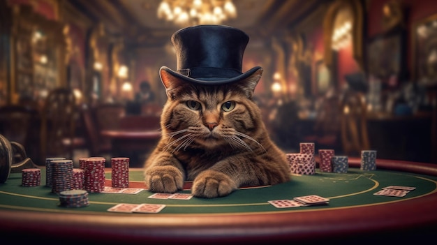 Um gato crupiê de terno senta-se em uma mesa de jogo em um cassino