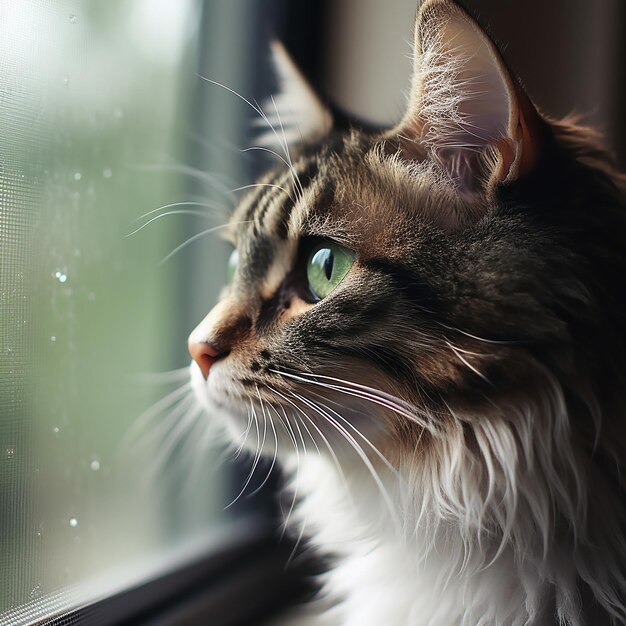 Um gato curioso de olhos verdes olhando pela janela