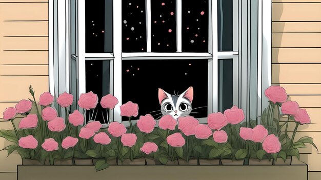 Um gato curioso olhando de trás de um vaso de flores em uma janela