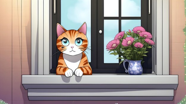 Um gato curioso olhando de trás de um vaso de flores em uma janela