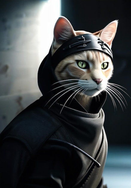 um gato de alta qualidade vestido com uma roupa ninja