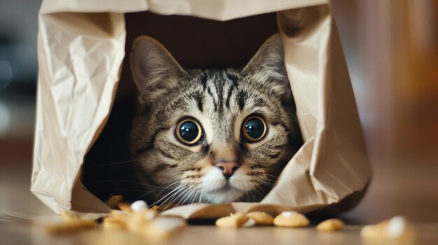 Um gato de barriga redonda espreitando por trás de um saco de guloseimas sua expressão culpada revelando seus hábitos secretos de lanche