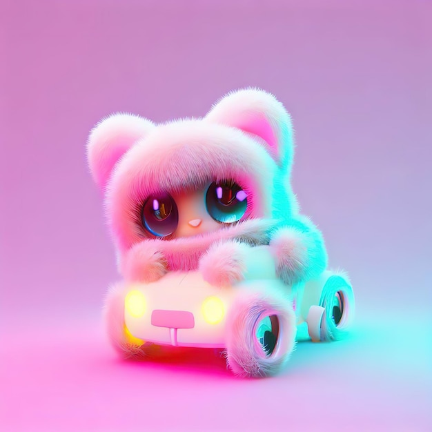 Um gato de brinquedo com olhos grandes senta-se em um fundo rosa.