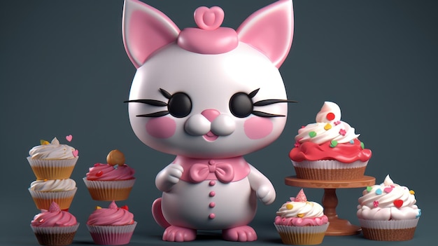 Um gato de brinquedo com um laço rosa fica ao lado de um cupcake.