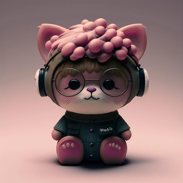 Um gato de brinquedo com uma bandana rosa e fones de ouvido está sentado em um fundo rosa.