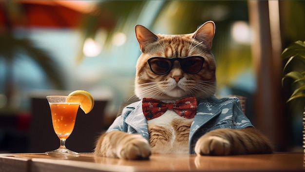 Um gato de camisa e gravata borboleta está sentado a uma mesa com um coquetel à sua frente.