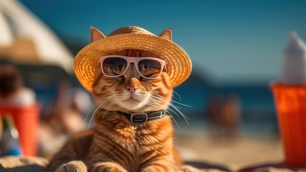 Foto um gato de chapéu e óculos de sol senta-se na praia.