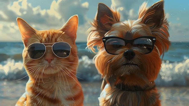 Um gato de cor fawn e um cão usando óculos de sol e jaquetas estão juntos