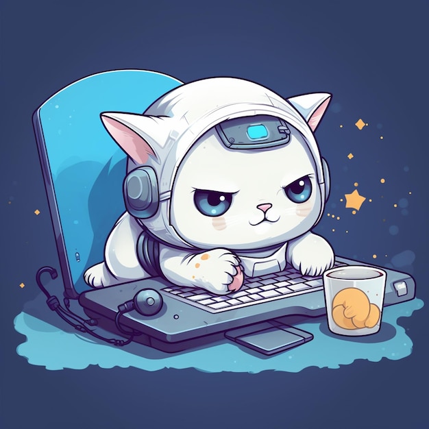 Um gato de desenho animado bonito trabalhando em um laptop