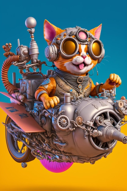 Um gato de desenho animado com óculos e capacete está andando de avião