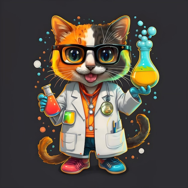 um gato de desenho animado com óculos e um casaco de laboratório com óculos