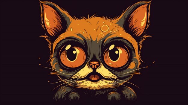 Um gato de desenho animado com olhos grandes e um fundo preto.