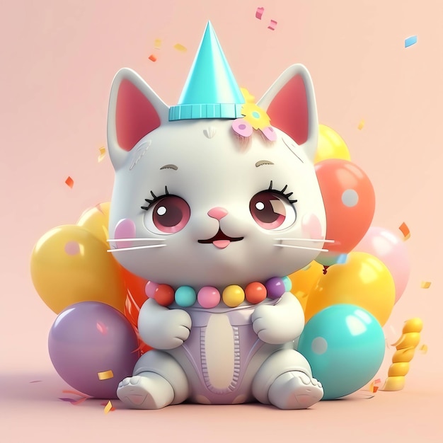 Um gato de desenho animado com um chapéu de festa senta-se entre balões.