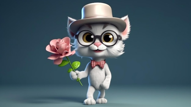 Foto um gato de desenho animado com um chapéu e óculos segurando uma flor ilustração 3d generative ai