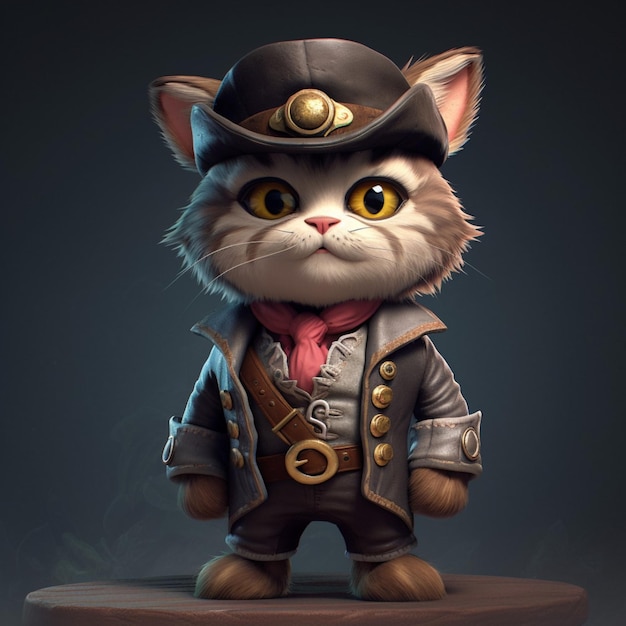 Um gato de desenho animado com um chapéu e uma jaqueta que diz 'gato'