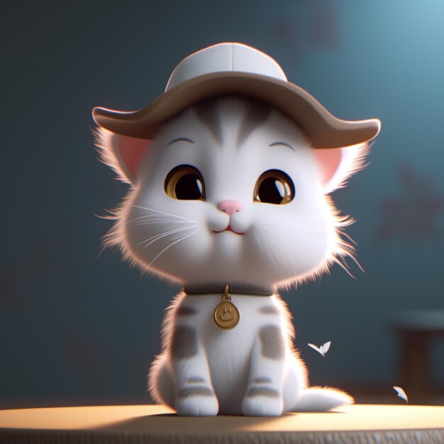 Foto um gato de desenho animado com um chapéu que diz 