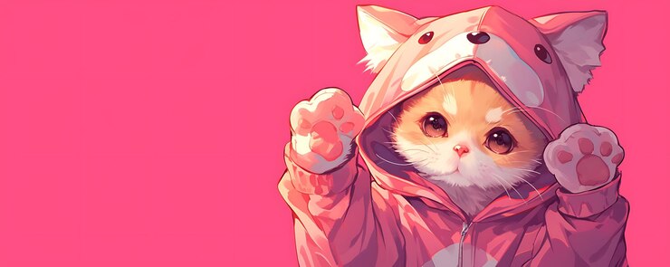 Foto um gato de desenho animado com um fundo rosa com uma pata branca