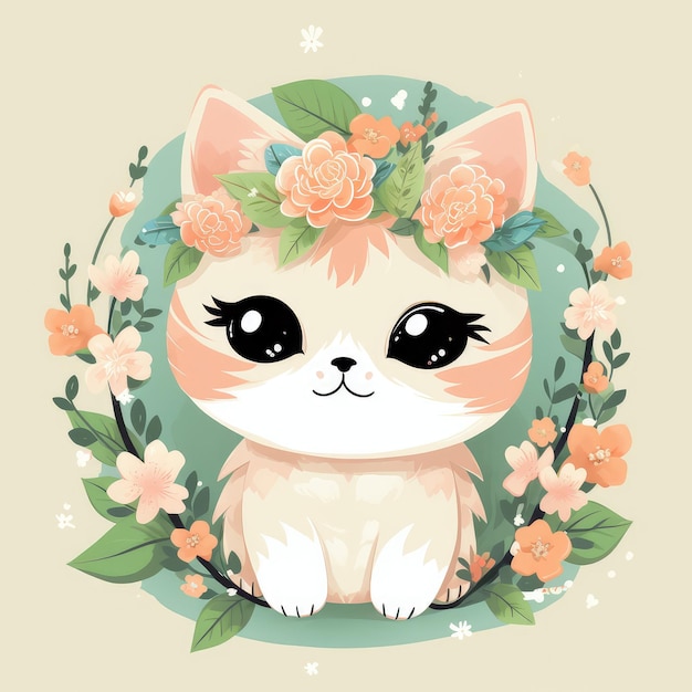 Um gato de desenho animado com uma coroa de flores.