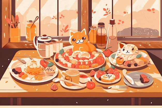 Um gato de desenho animado está sentado em uma mesa com um prato de comida e um gato sobre ele.