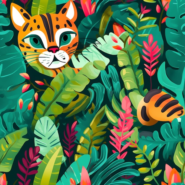 Um gato de desenho animado está sobre um fundo de folhas tropicais e uma abelha.